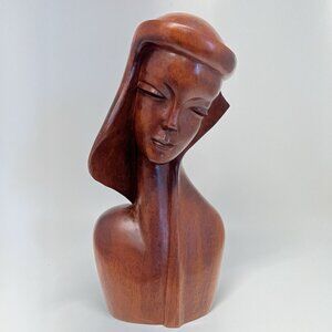 Vintage Mid Century Modern Hand Carved Wood Woman/Madonna 12" Wood Figure Bust